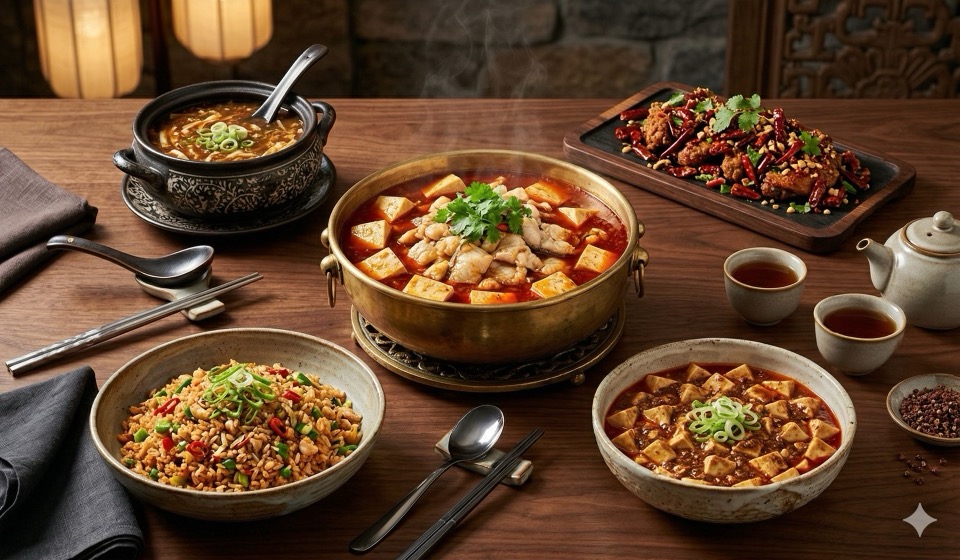 Sichuan feast featuring hot pot, mapo tofu, spicy chicken and fried rice on wooden table