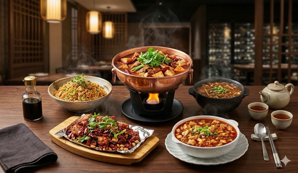 Sichuan hot pot centerpiece with fried rice, mapo tofu and grilled fish in elegant setting