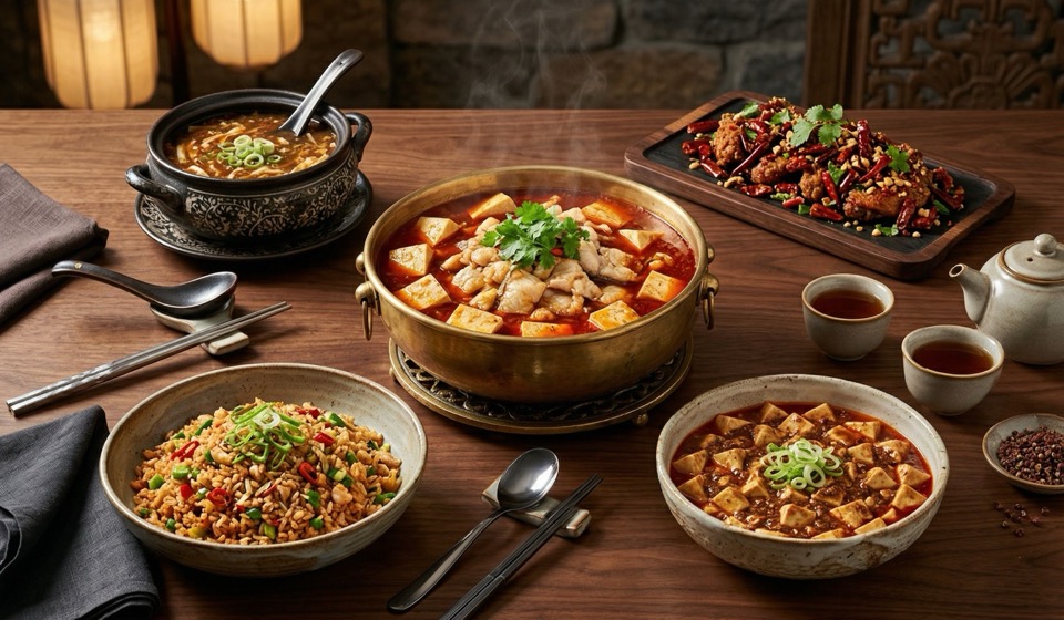 Sichuan hot pot centerpiece with fried rice, mapo tofu and grilled fish in elegant setting