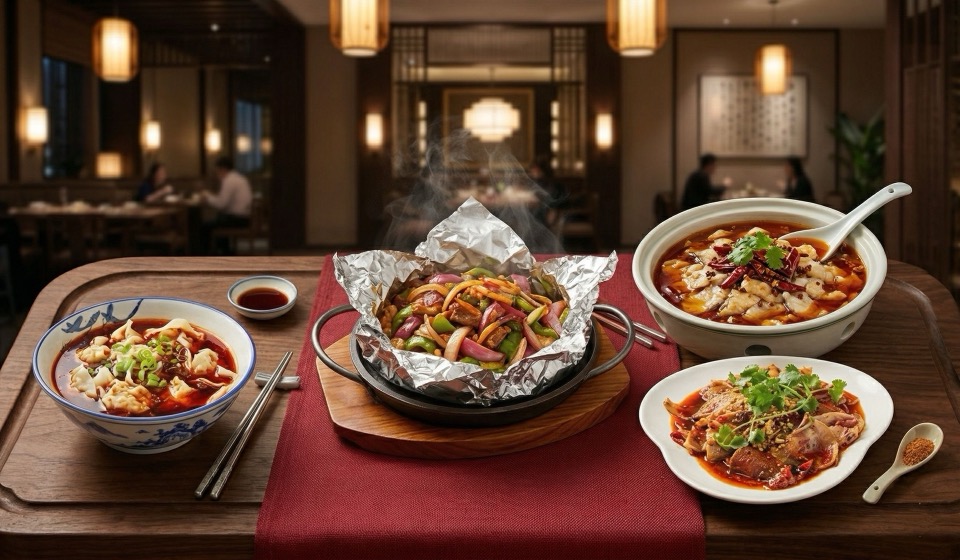 Sizzling platter with spicy fish, wontons and Sichuan dishes on red tablecloth