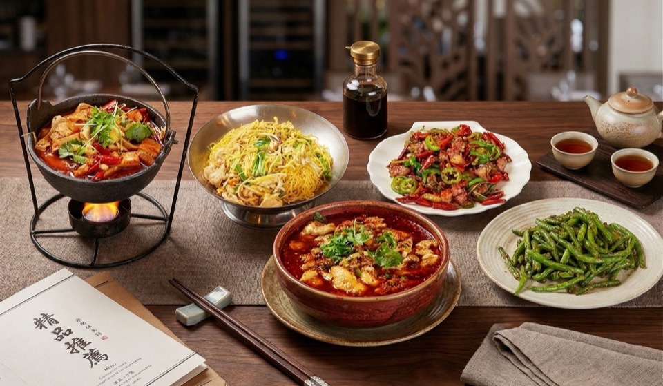 Spices 3 signature dishes with hot pot, noodles, twice cooked pork and string beans