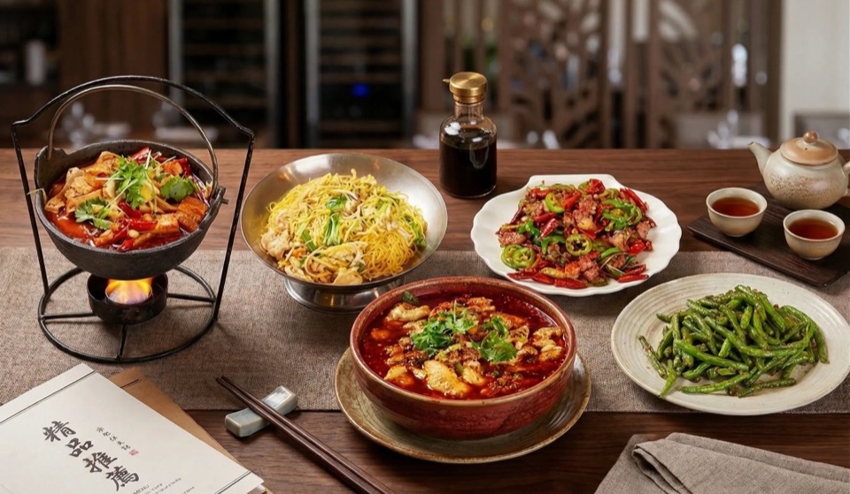 Spices 3 signature dishes with hot pot, noodles, twice cooked pork and string beans